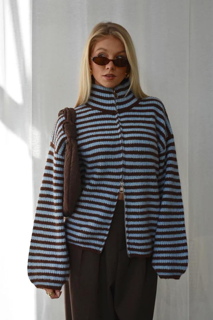 Knit Cardigan Double Zip Stand Collar