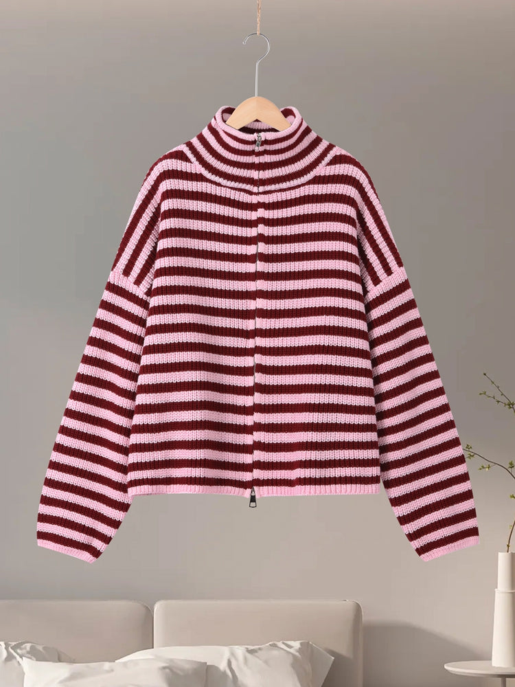 Knit Cardigan Double Zip Stand Collar